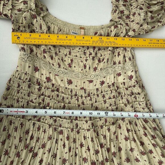 Free People Bali Juniper Smocked Floral Midi Dress Puff Sleeves Neutral Women 10 - Picture 12 of 16